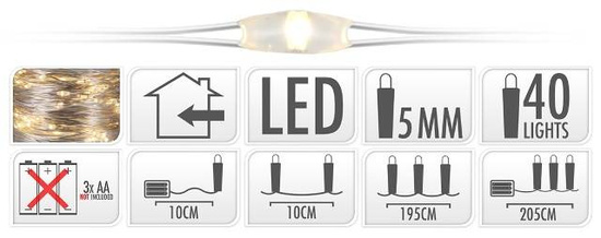 Łańcuch świetlny 40LED 195cm ciepły     3xAA 1,5V