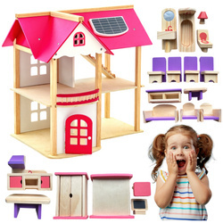 Domek dla Lalek i 19 szt Drewniane Meble do Domku Łazienka Akcesoria Różowy