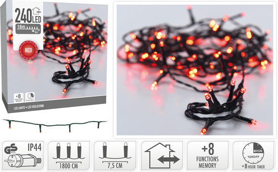 ŁAŃCUCH LED 240L CZERWONY NA ZEWNĄTRZ   18m +8funkcji