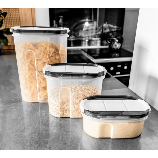 Zestaw, komplet POJEMNIKÓW, pojemnik kuchenny na żywność, płatki, kasze, makaron, mąkę, cukier, produkty sypkie z dozownikiem, 3 sztuki