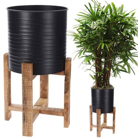 Kwietnik, osłonka, DONICZKA metalowa czarna na drewnianym stojaku, 50 cm, na rośliny, kwiaty