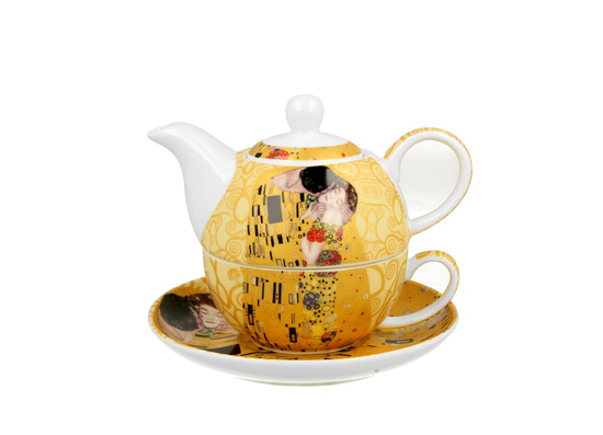 Tea for One porcelanowy / Filiżanka z dzbankiem i spodkiem THE KISS ECRU inspired by Gustav Klimt