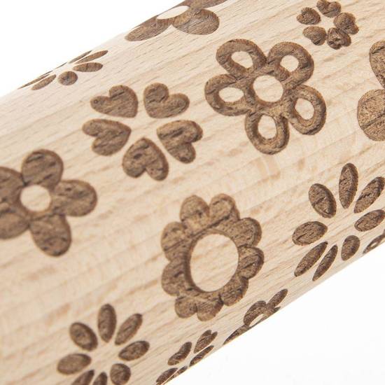 Wałek do ciasta obrotowy dekoracyjny drewniany kwiaty 33 cm